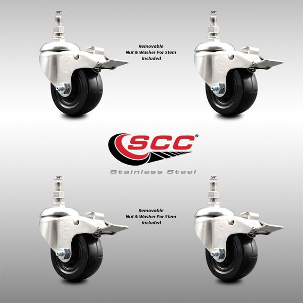 Service Caster 3.5 Inch 316SS Hard Rubber Swivel 3/8 Inch Threaded Stem Caster Set Lock Brake SCC-SS316TSTTL20S3514-HRS-381615-4 - main